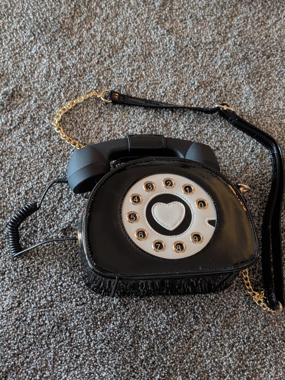Black Novelty Telephone Crossbody Bag with Gold Chain